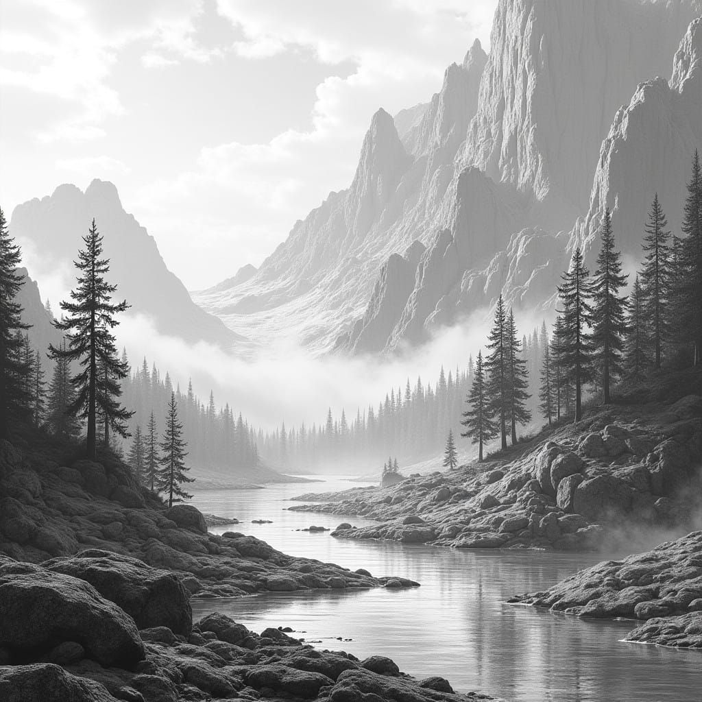 Ethereal Black and White Landscape in Detailed Line Drawing