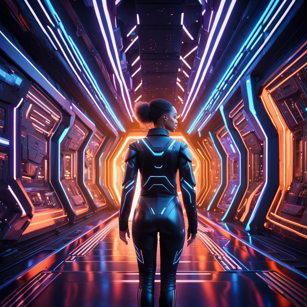 Confident Woman in Futuristic Spaceship Corridor