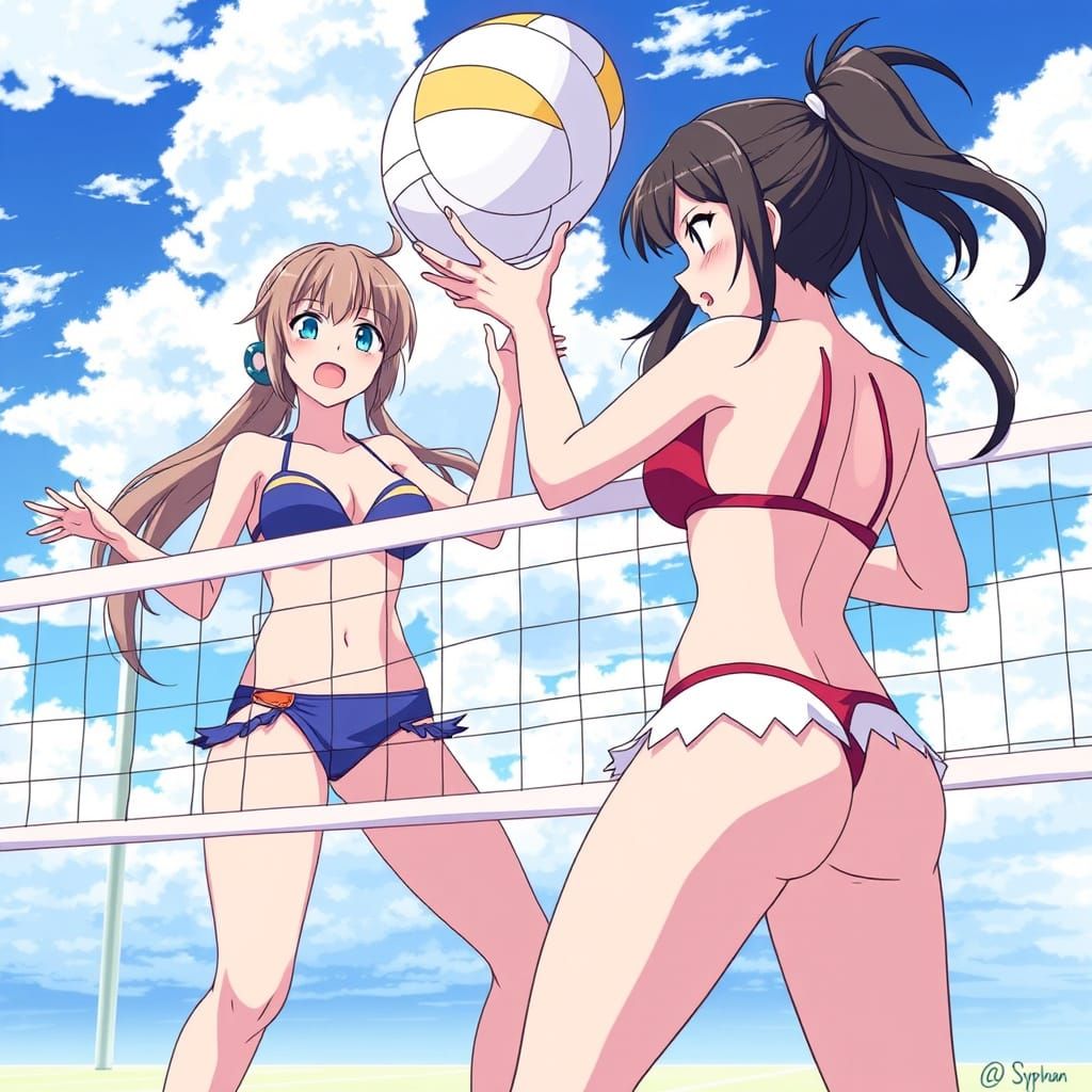 Surreal Anime Volleyball Scene in Vibrant Colors