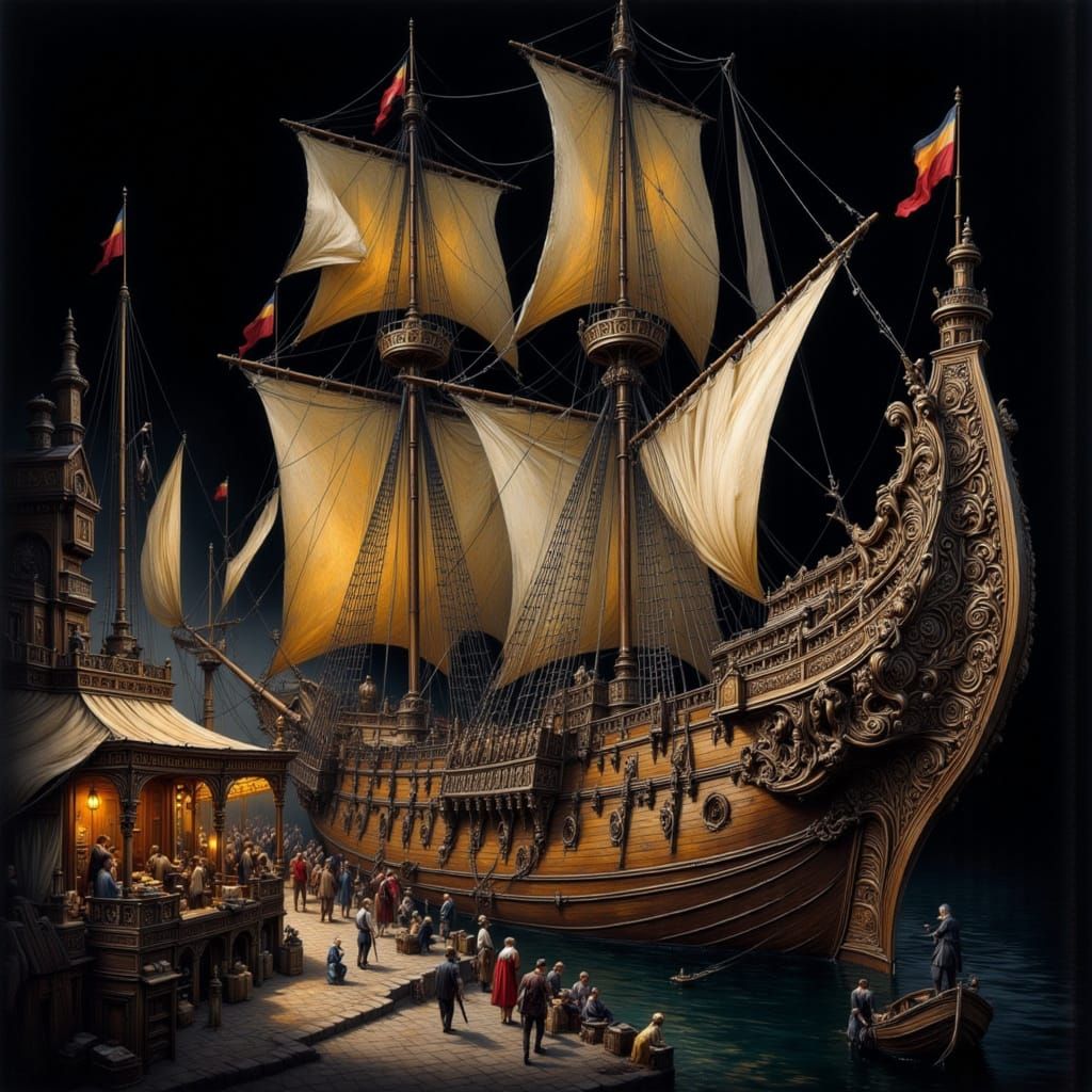 Ancient Port with Sailing Ships in Industrial Style