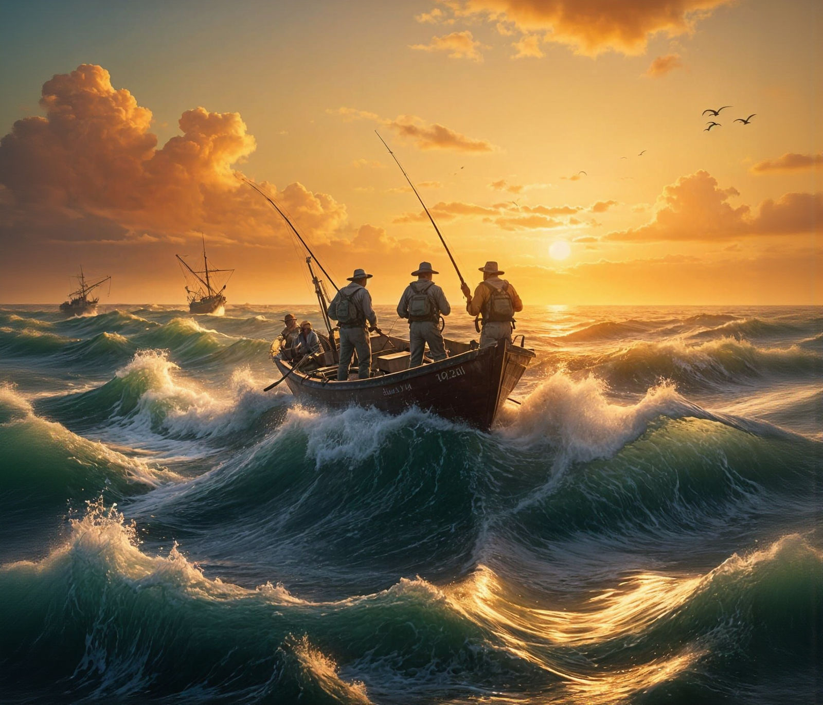Fishermen Brave a Stormy Sunset Ocean: Masterpiece
