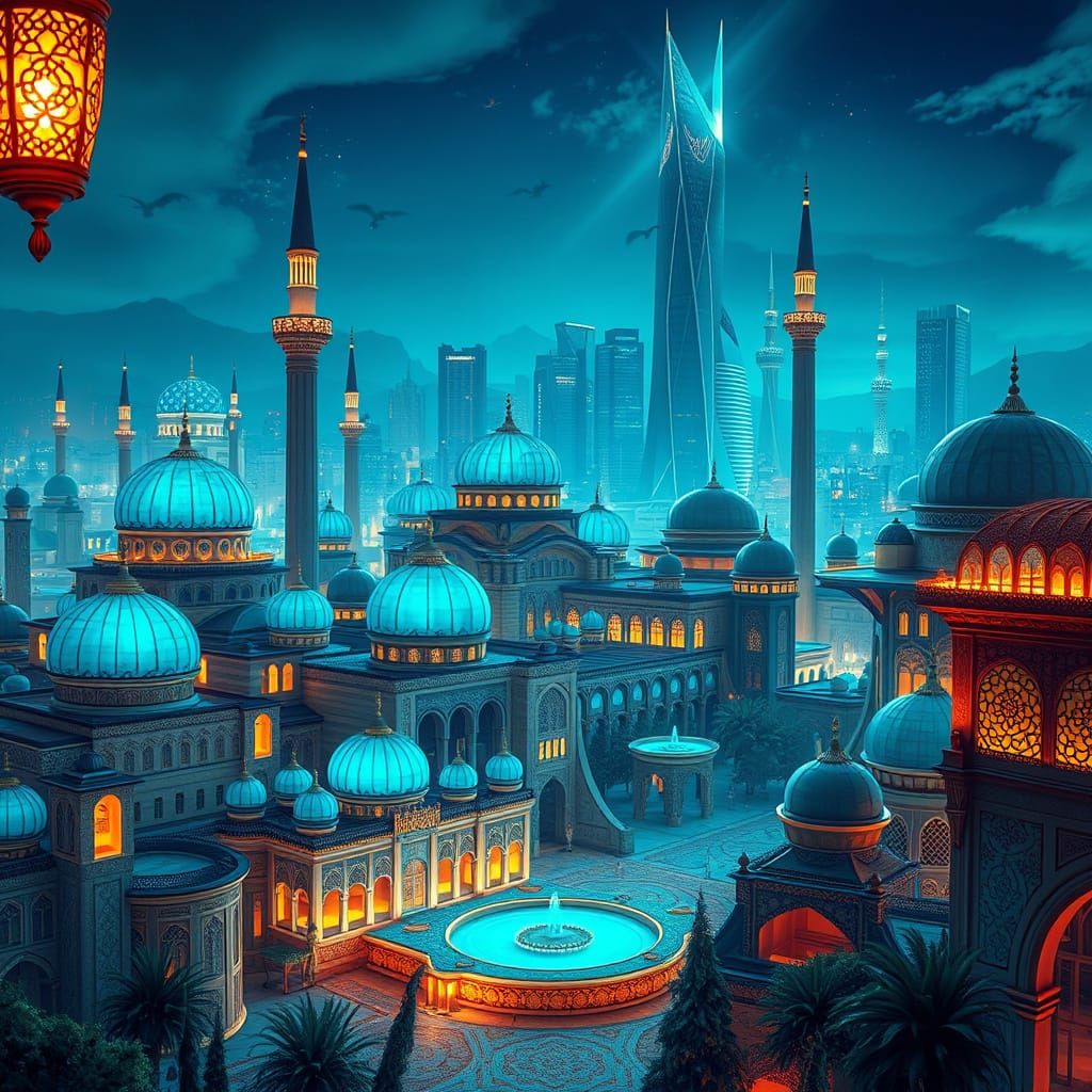 Islamic Metropolis Under Neon Glow