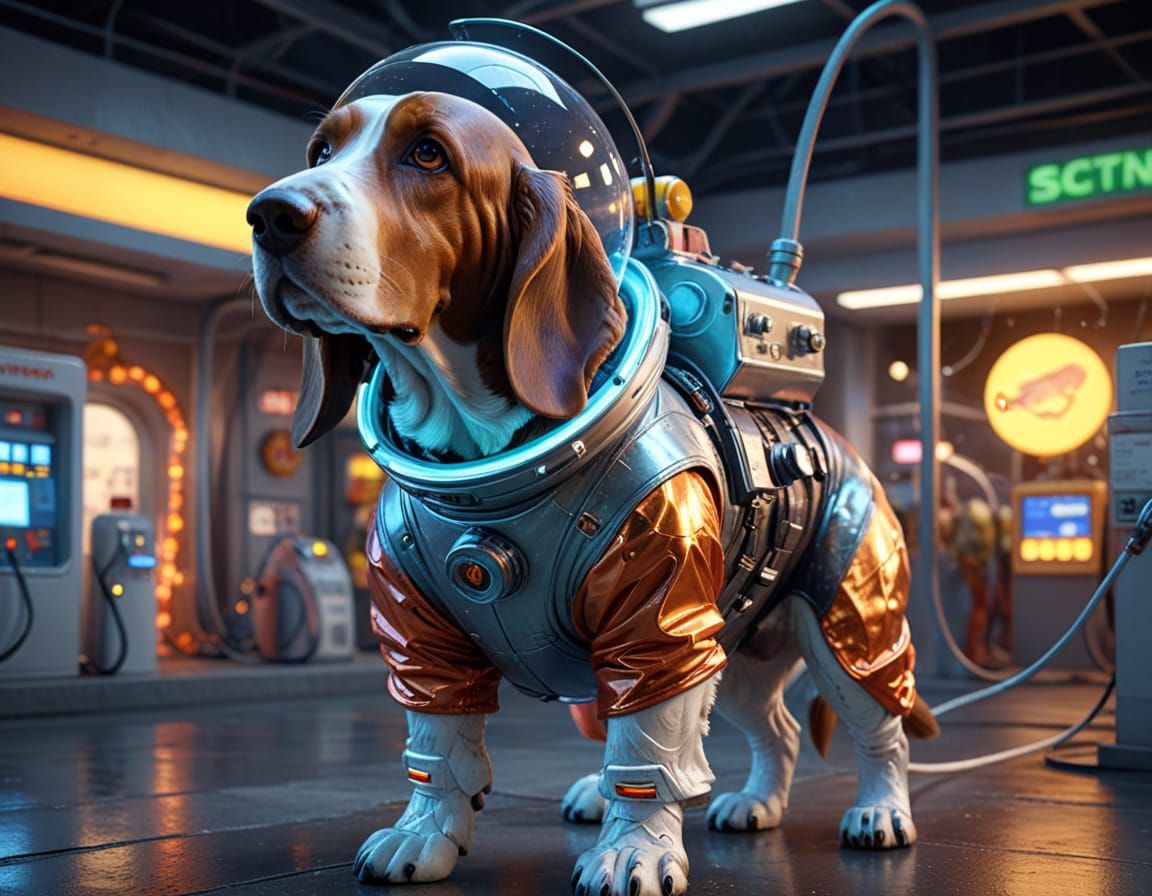 Basset Hound in Spacesuit at Alien Fuel Station