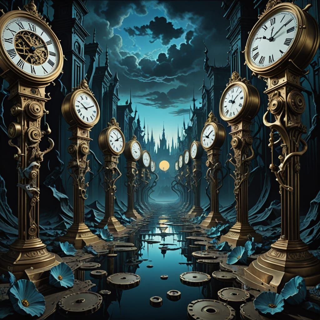Surrealist Clocks March Through a Dreamlike Landscape