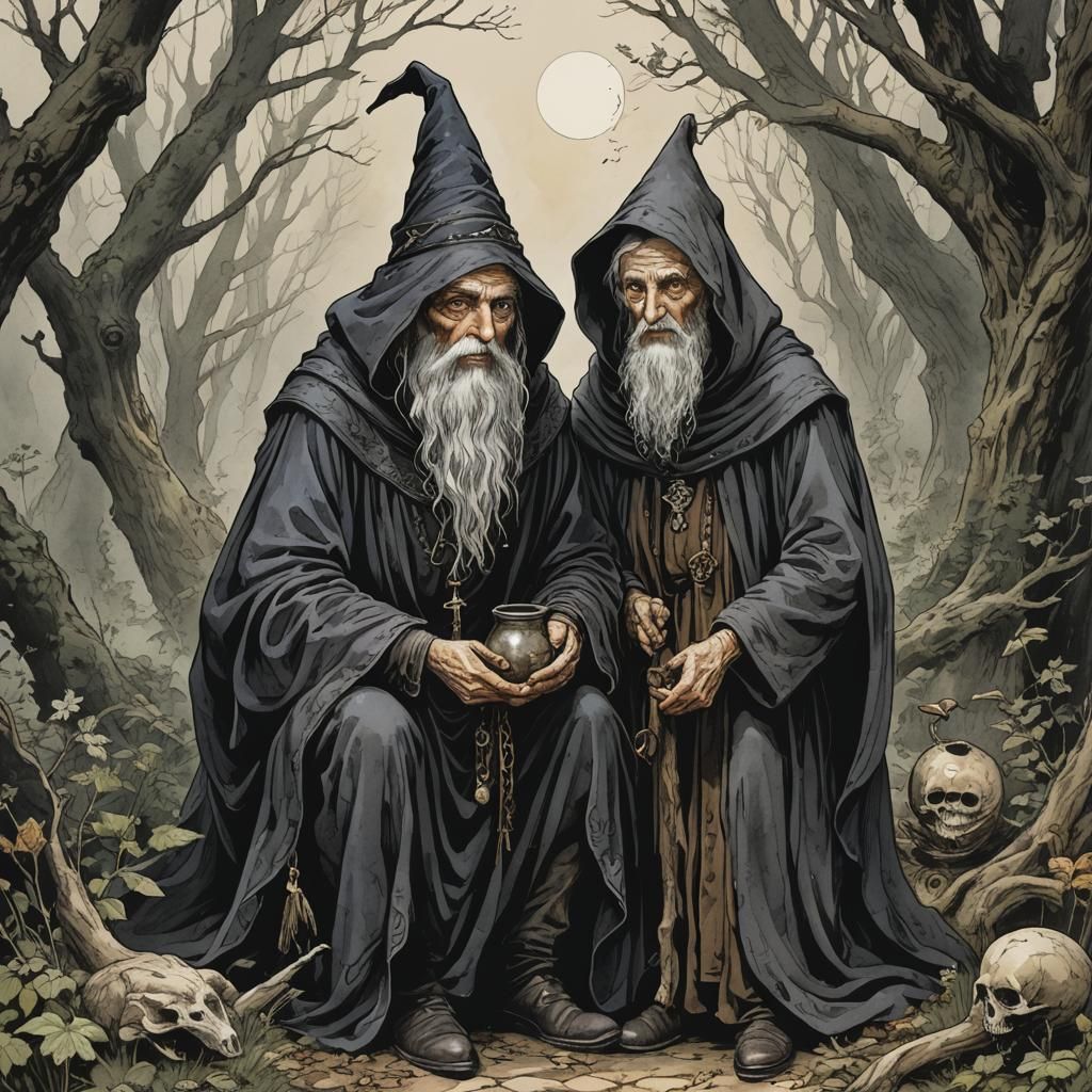 Enchanting Crone and Wizard Fantasy Illustration