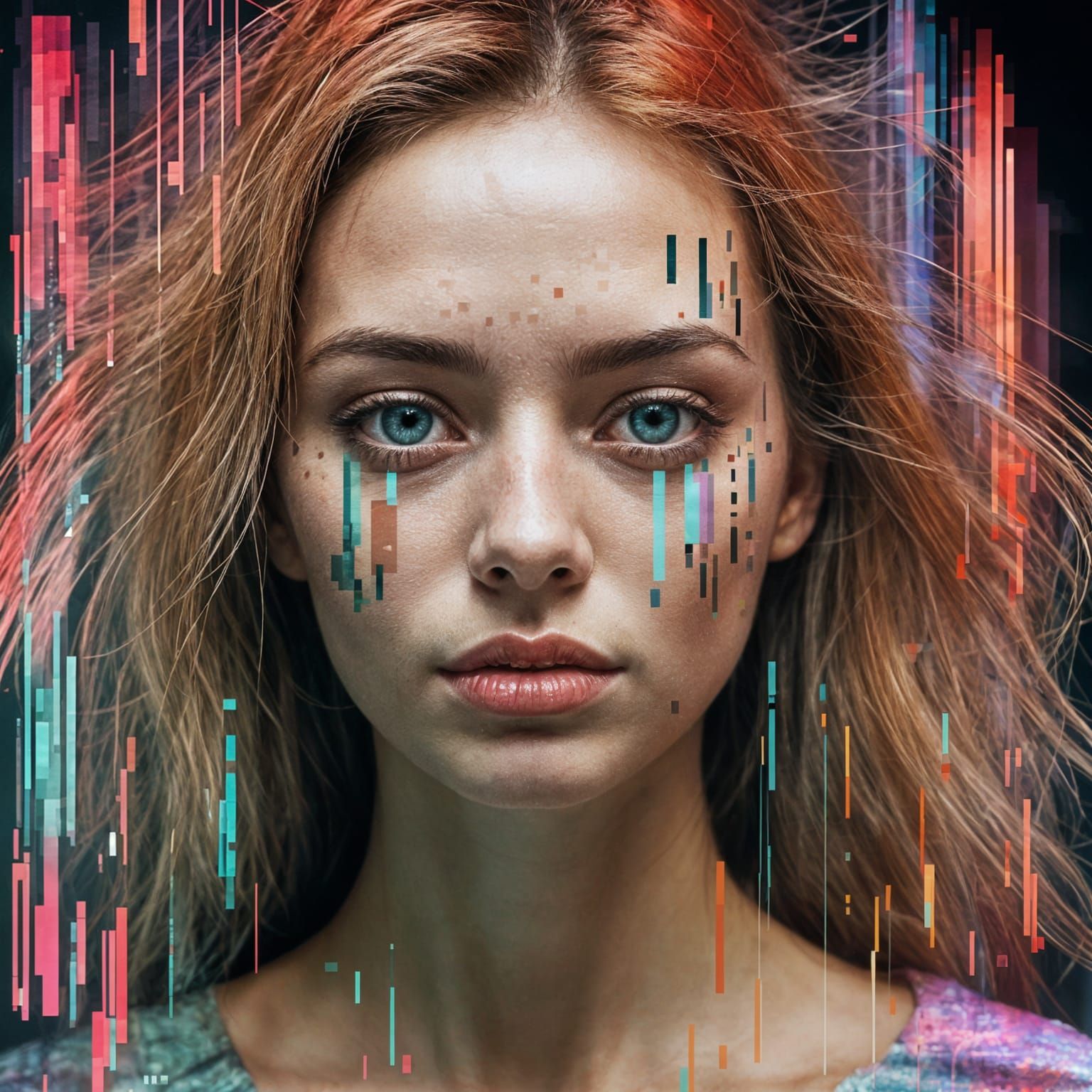 Glitch Art of a female face, fragmented, pixelated effects. ...