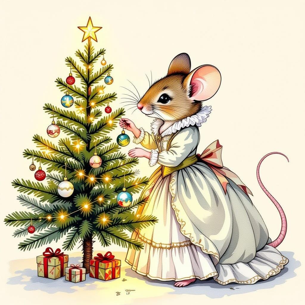 Victorian Mouse Decorates Christmas Tree in Watercolor Style