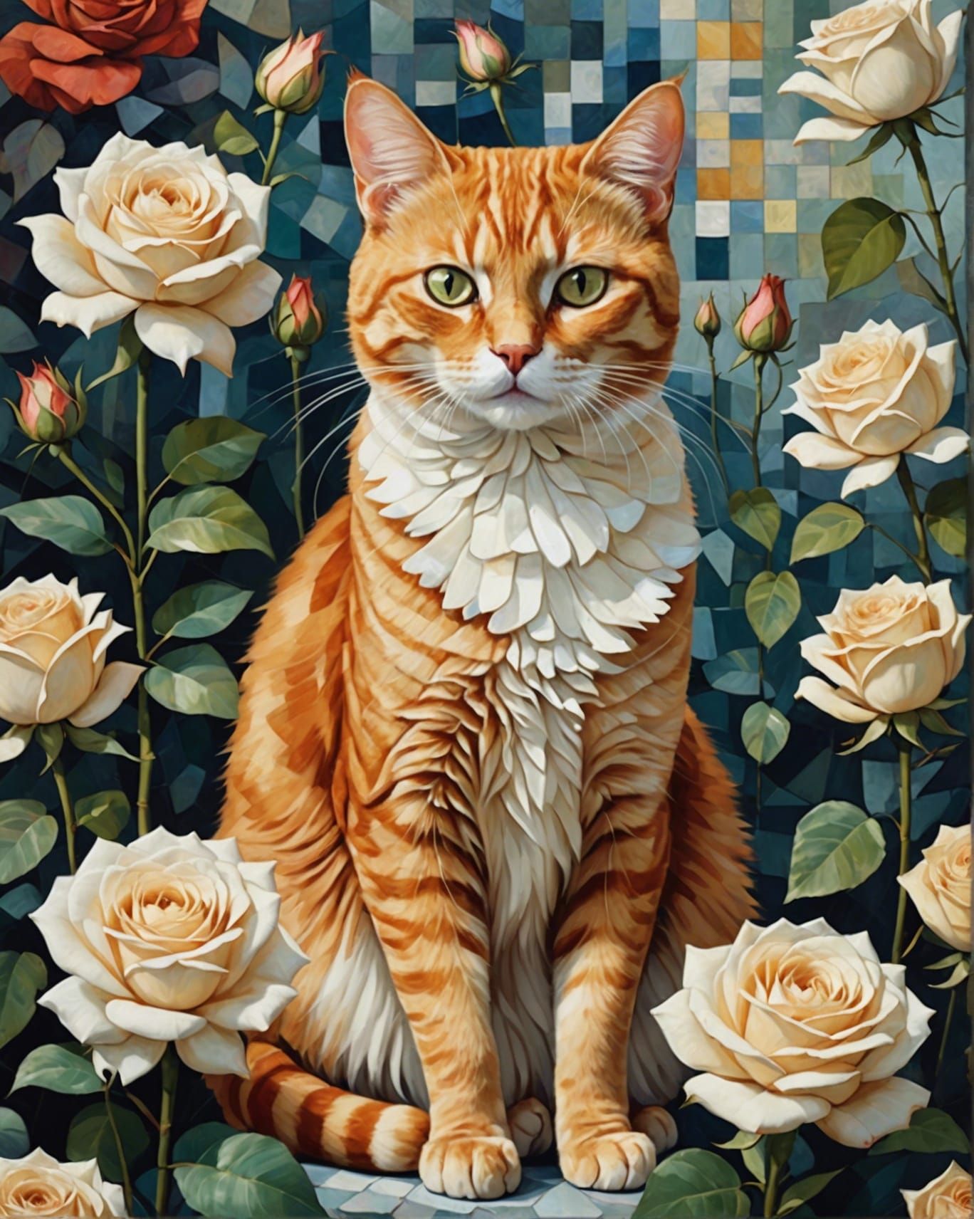 Ginger Cat on Rose in Neo-Impressionist Style