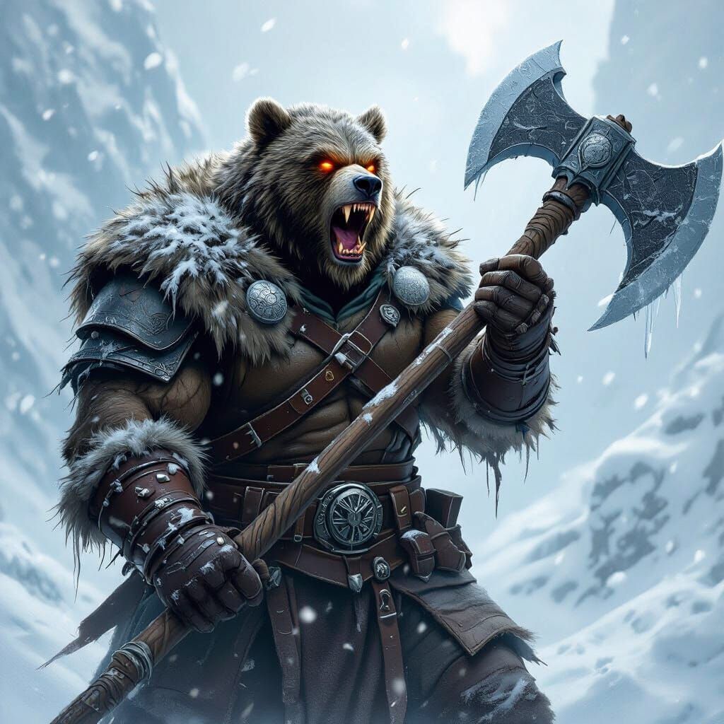 Bearfolk Barbarian in Raging Blizzard, Digital Art