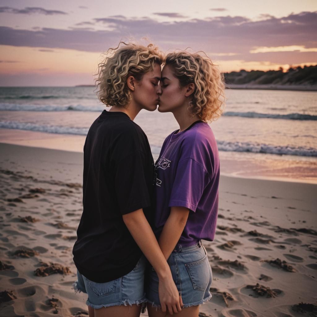 Teenagers Kissing at Sunset: Cinematic Film Still