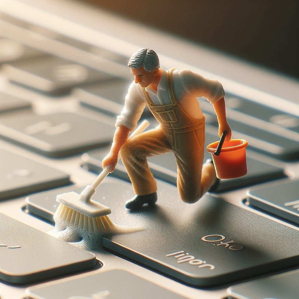 Miniature Man Cleans Keyboard: Tilt-Shift Brutalism