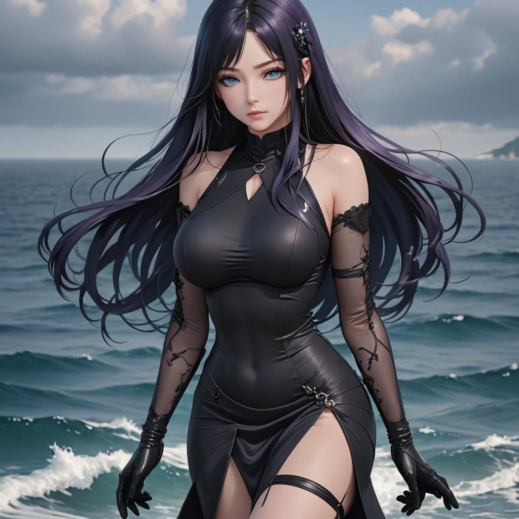 Beautiful Anime Girl in Black Dress, 3D Art