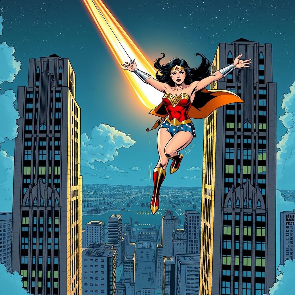 Wonder Woman Parkours Between Buildings in Comic Style