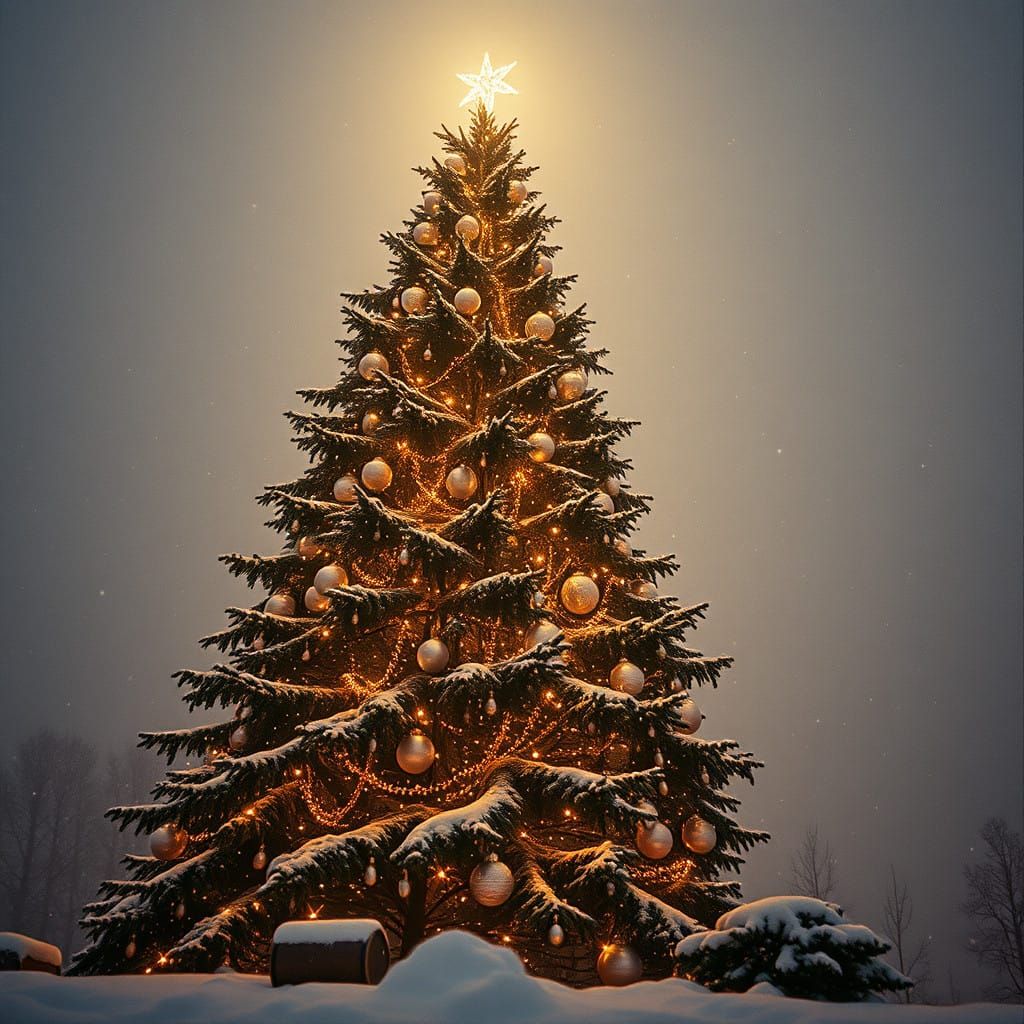 Majestic Christmas Tree Illuminated by Radiant Lights and Sn...