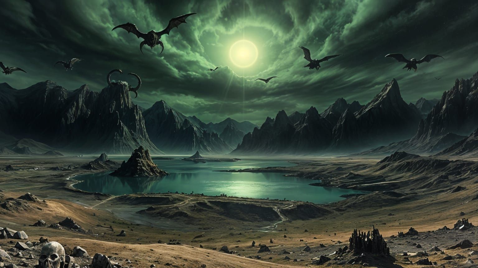 Aerial View of a Barren Underworld with Green Sky