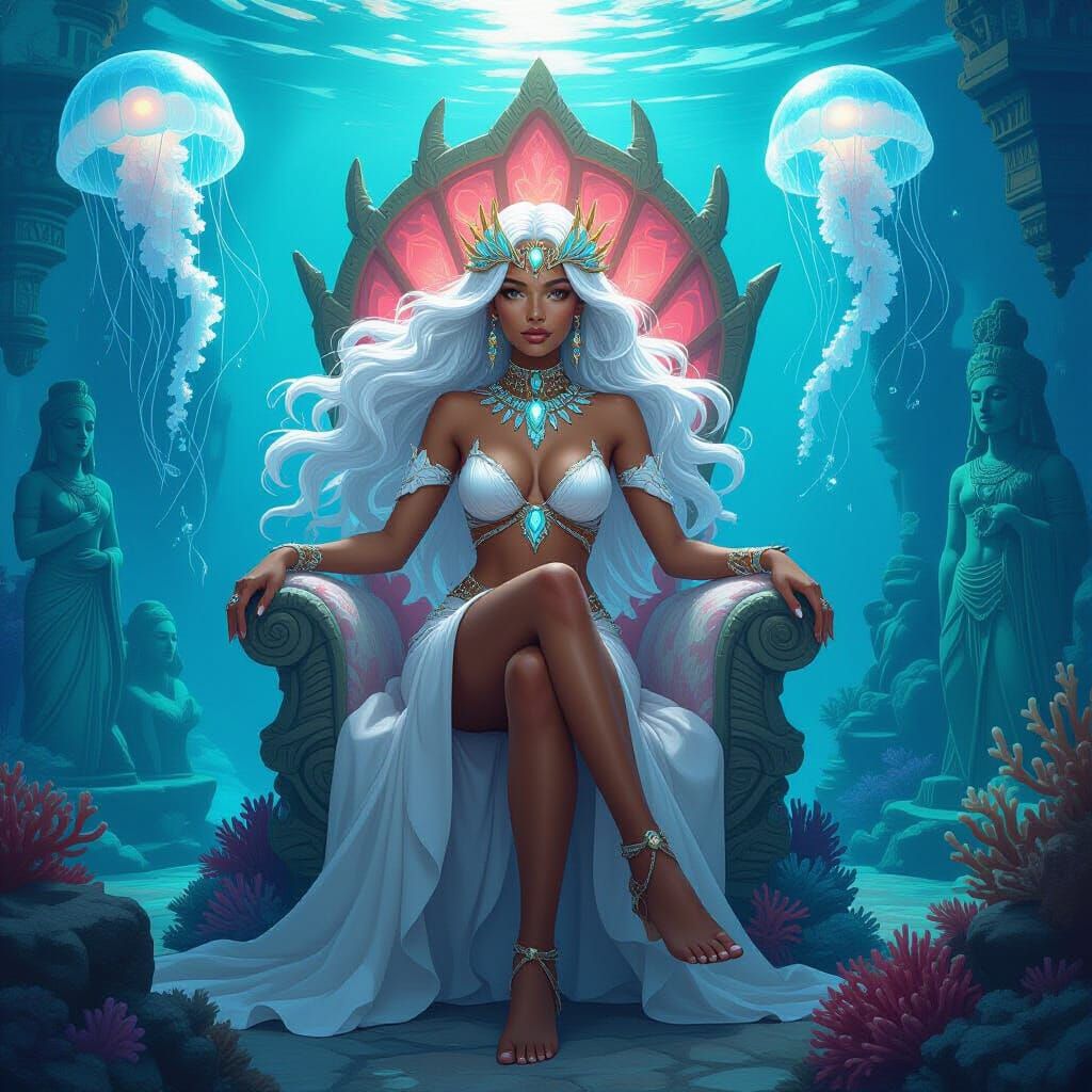 Atlantean Sorceress on Coral Throne in Fantasy Style