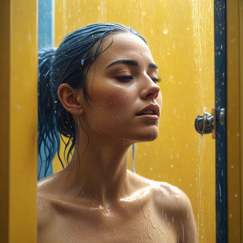 Woman Showering: A Vibrant Oil Painting