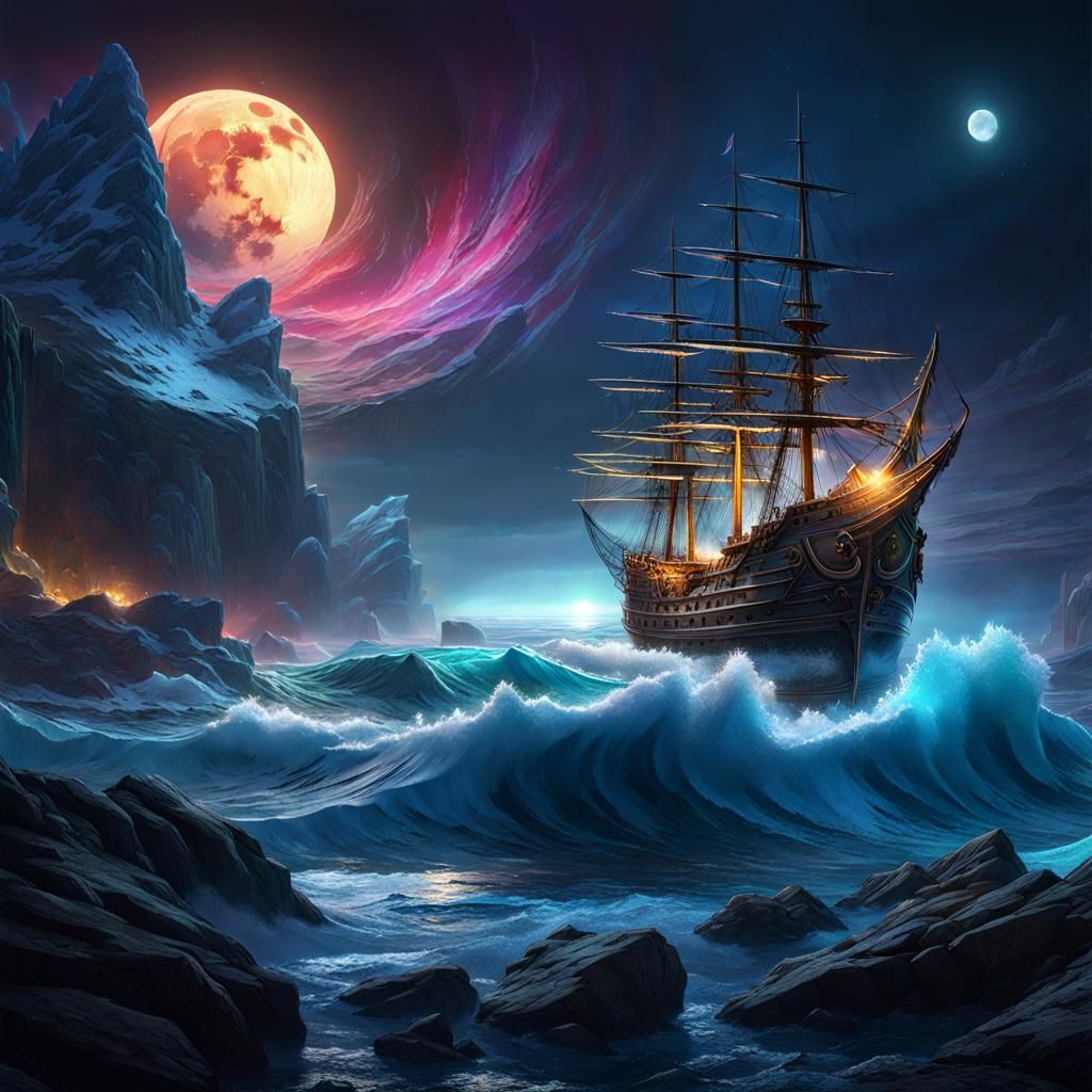 Ghost Ship on Chaotic Seas under Moon Rainbow