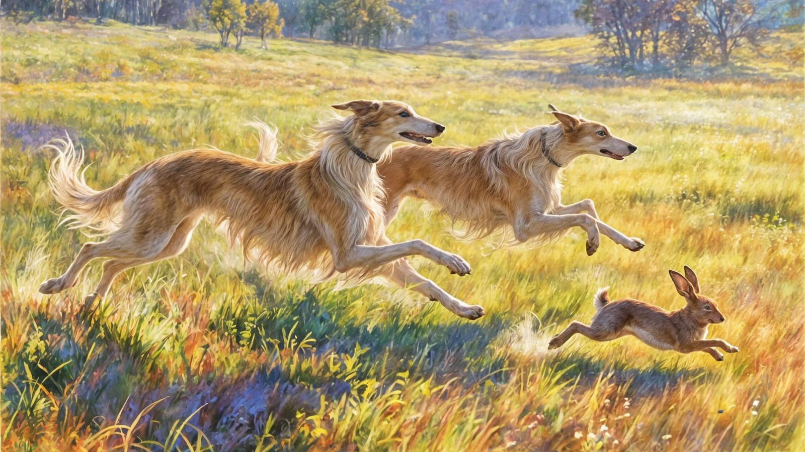 Barzoi Sighthounds Racing Hare in Vibrant Watercolor