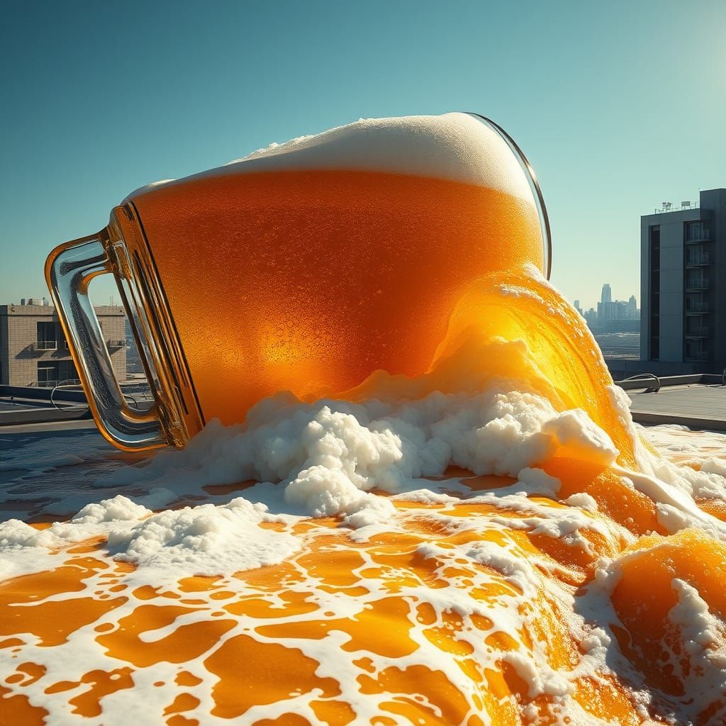 Surreal Rooftop Scene of Fallen Beer Glass in Hyper-Realisti...