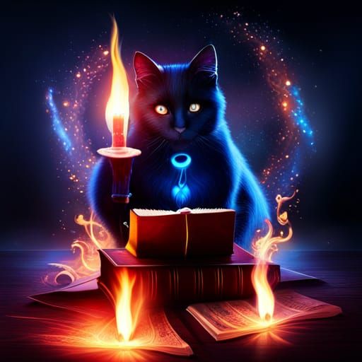 Curious Cat Discovering Magic Book in Fantasy Art
