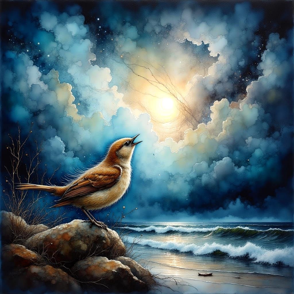Bird Sings in Storm Eye, Romantic Landscape Style