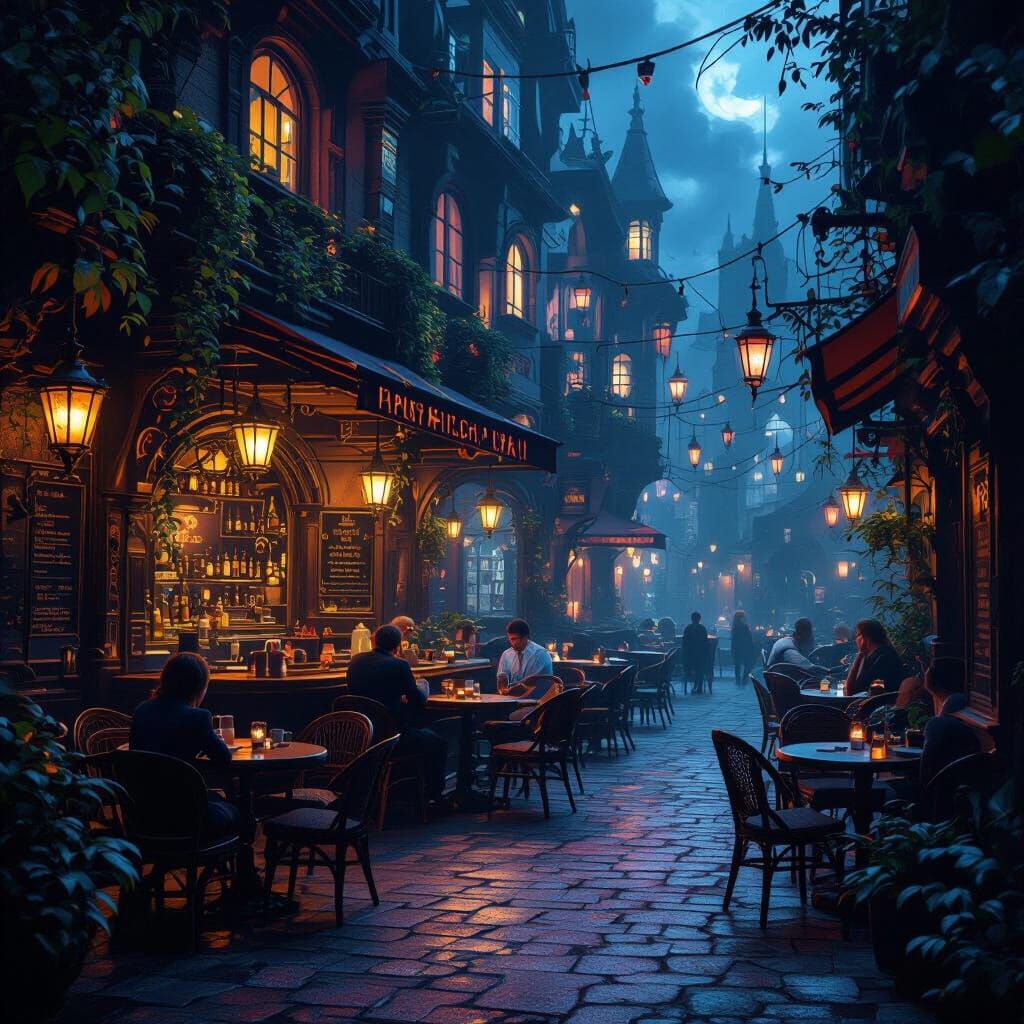 Fantastical Night Cafe in Moody Matte Painting Style