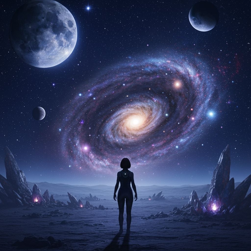 Space Woman Gazing at Swirling Nebula