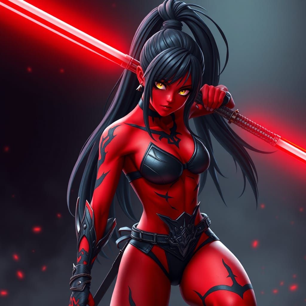 Red-Skinned Warrior with Lightsabers in Anime Style