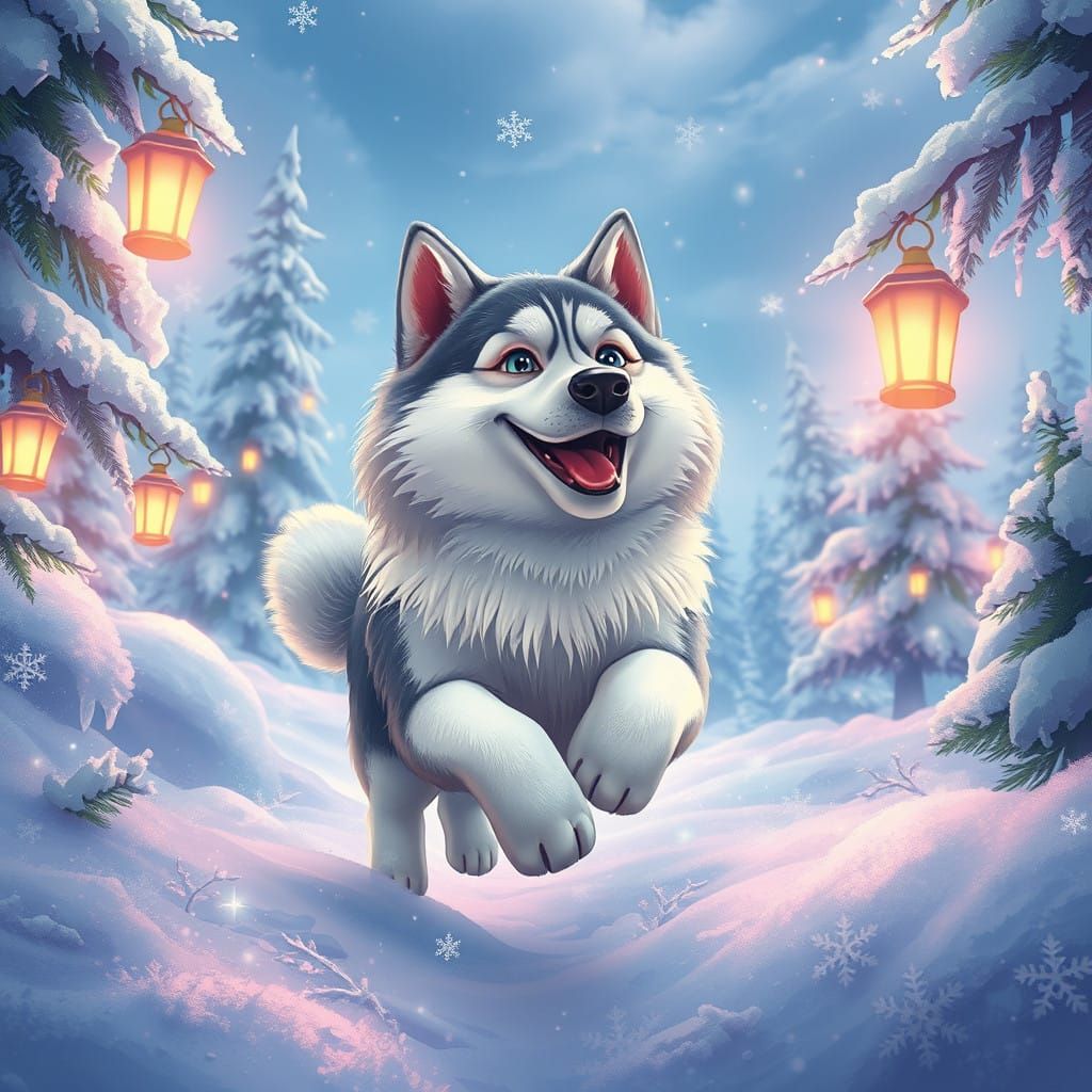 Charming Husky in a Fantastical Snowy Wonderland