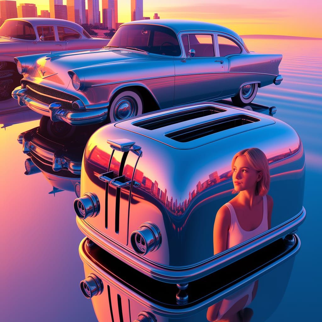 Surrealist Retrofuturistic Scene with Chrome Cars and Citysc...
