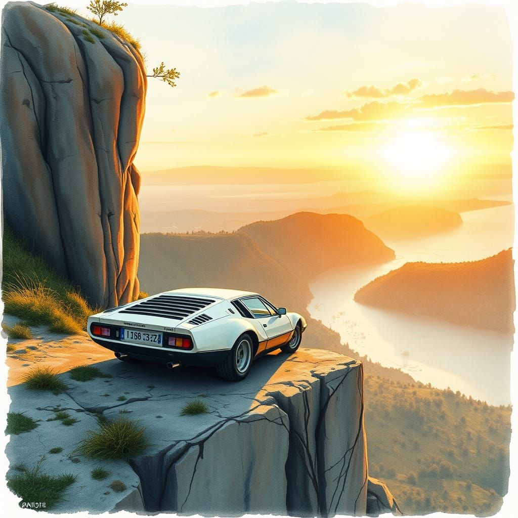 Lancia Stratos at Golden Hour, Watercolor Illustration