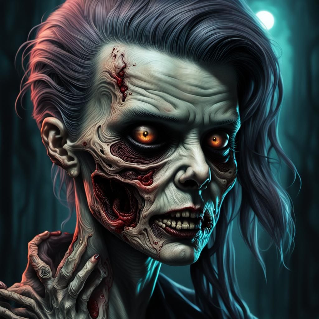 Rockabilly Zombie Girl Portrait in Photorealistic Art Nouvea...