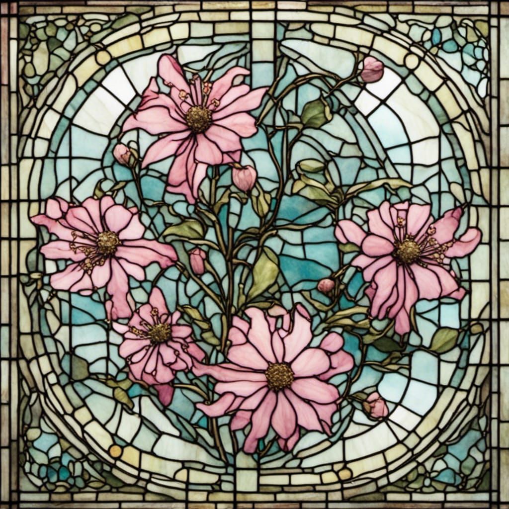 <lora:LCT-Modern:1.0> Nigella seedpods and flowers aka Love in a mist. Pink pedaled flowers and striped seed pods. Stain...