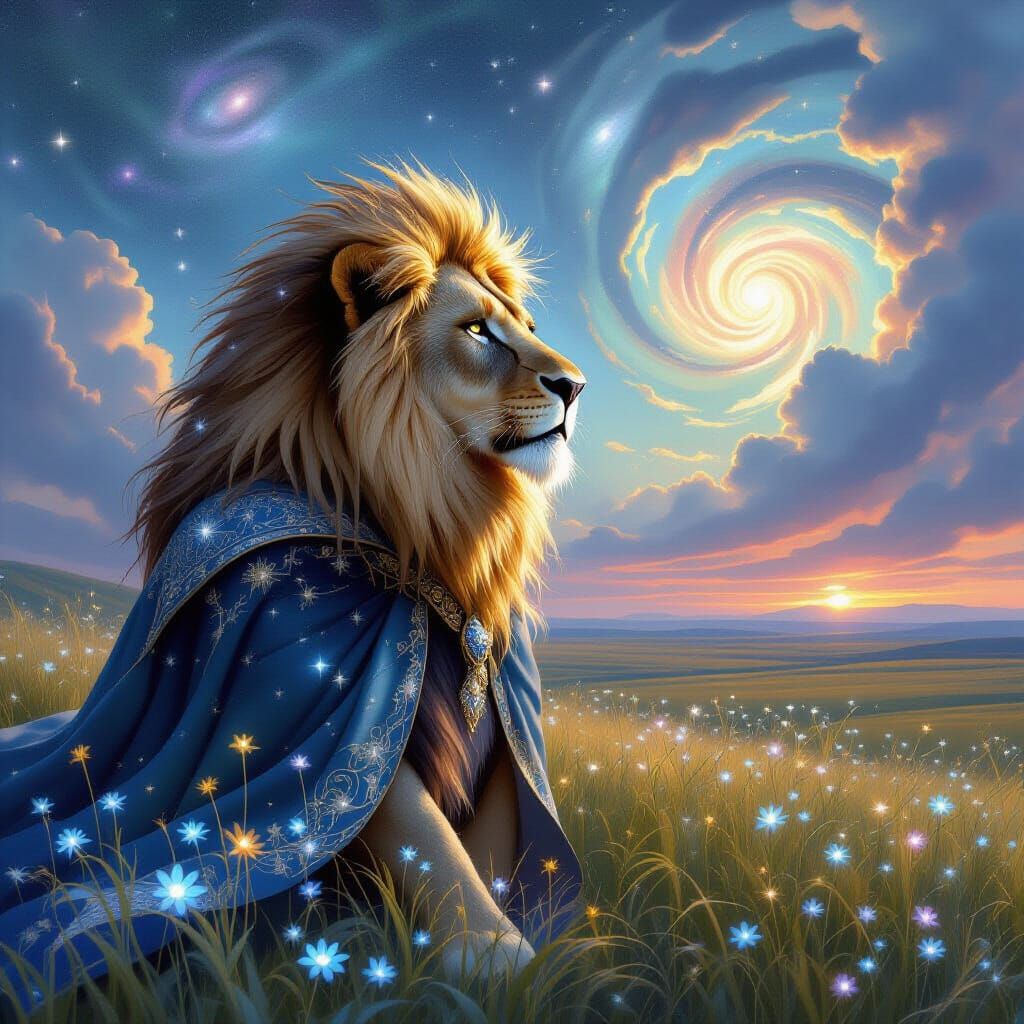 Stardust Lion in Bioluminescent Field, Art Nouveau