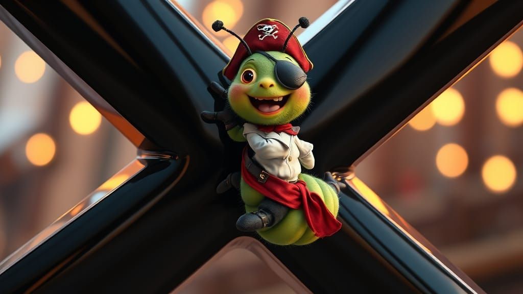 Pirate Caterpillar Hugs Glossy Letter X in Pixar Style