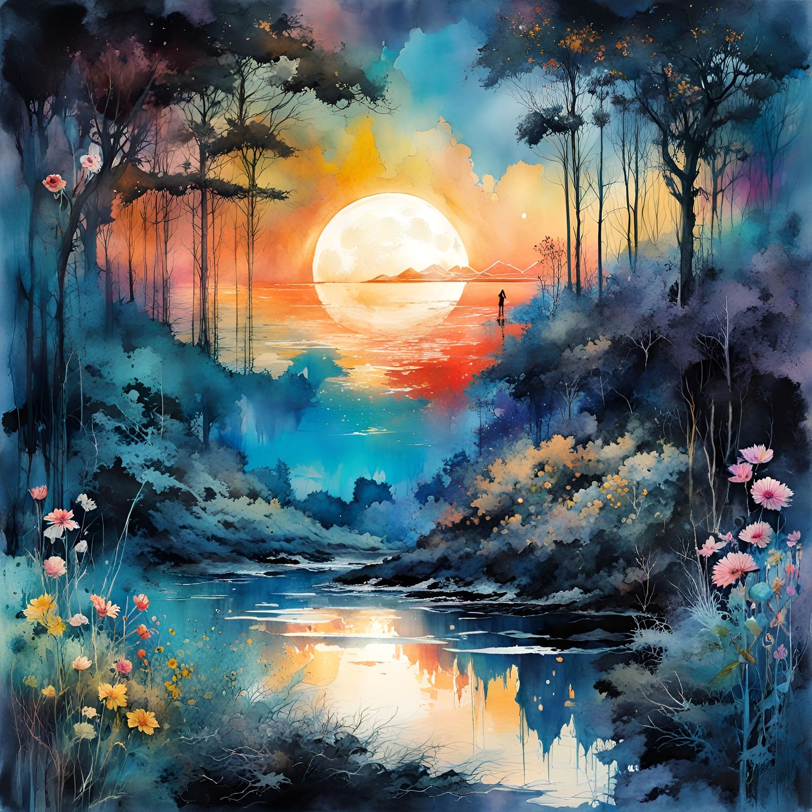 Blue Moon Digital Watercolor Summerscape Sunset