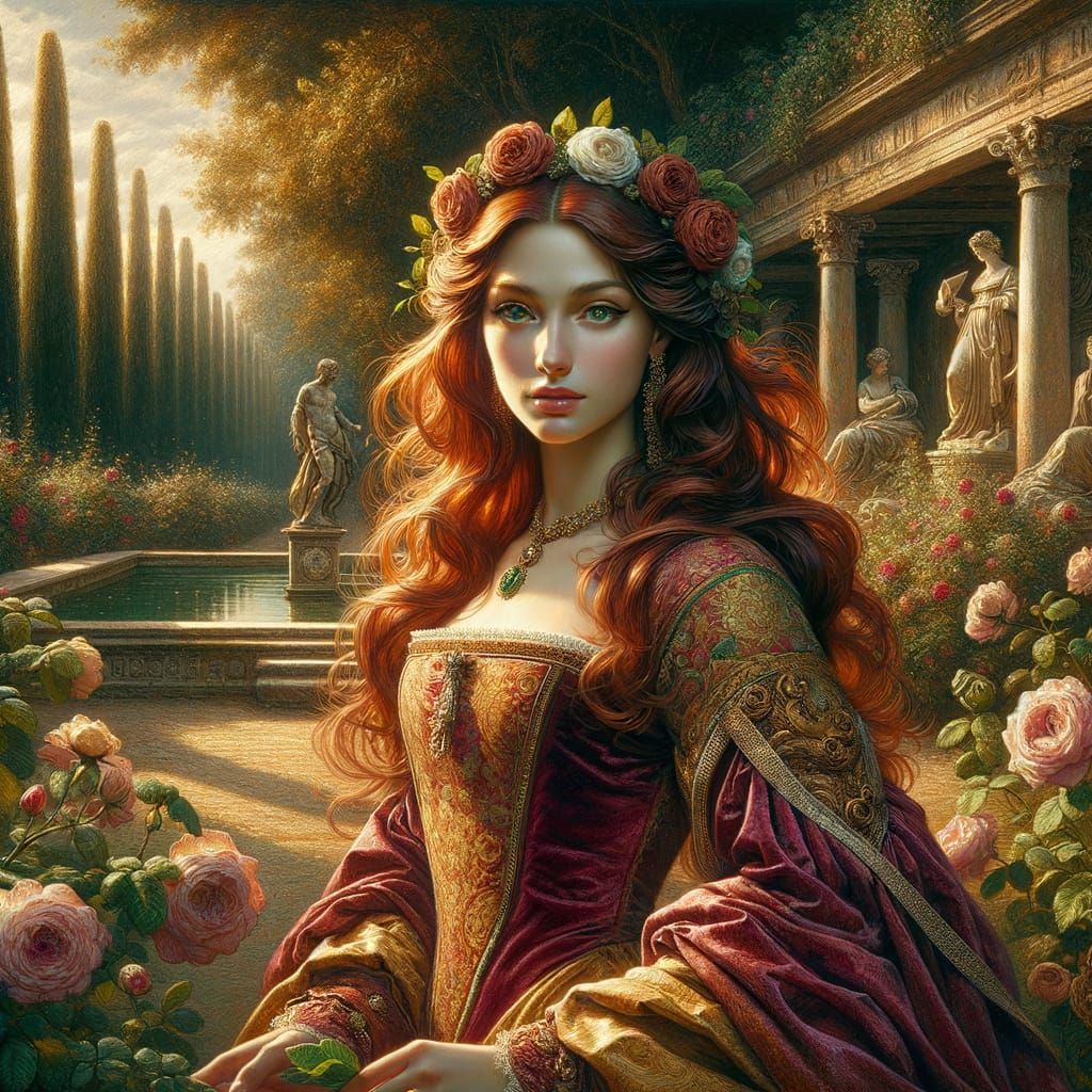 Renaissance Noblewoman in Italian Garden as Digital Art