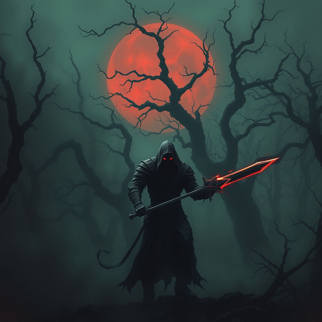 Haunting Dark Fantasy Scene: Crimson Moon and Shadowy Figure...
