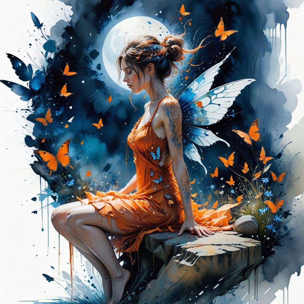 Fairy on Rock with Butterflies in Dreamy Hues