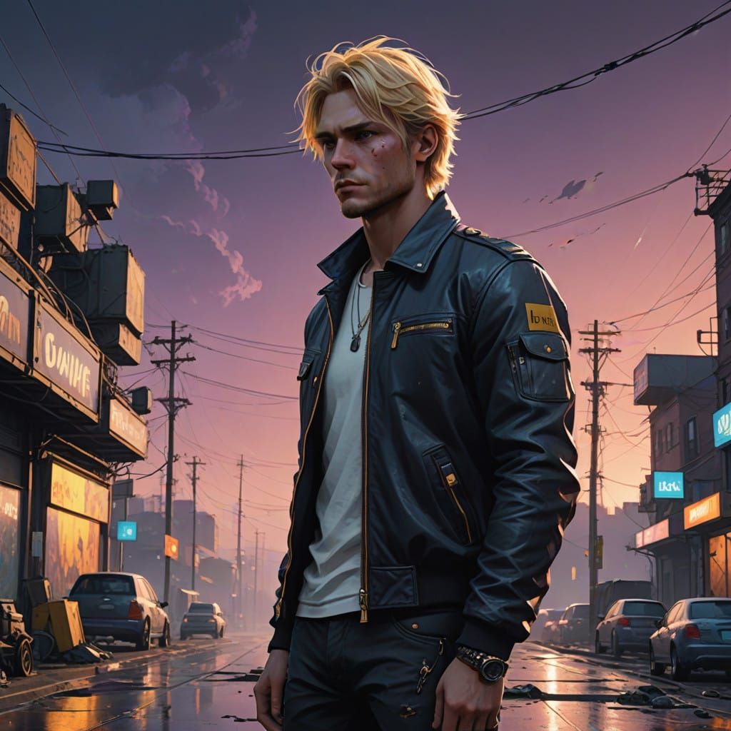 Dark, Moody Concept Art of Blond Hero in Black Leather