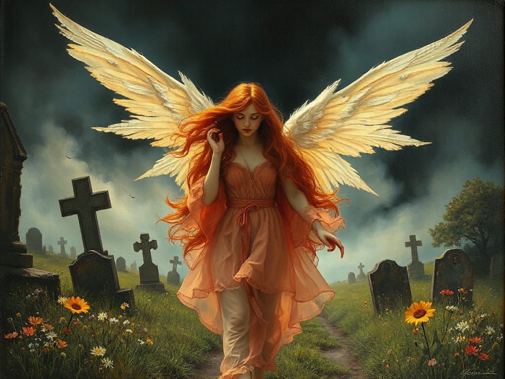 Ethereal Angel of Death in Delicate Robes Walks Magical Path