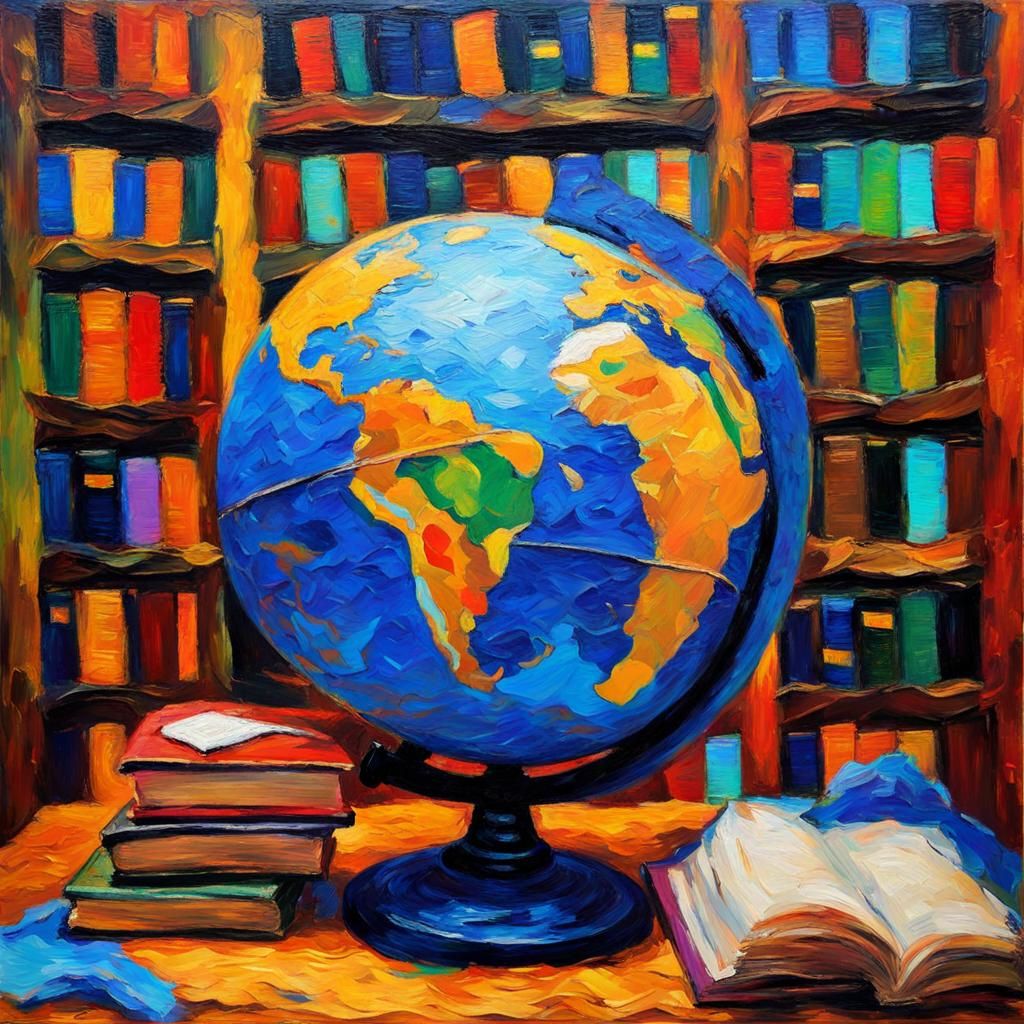 Pirate Library with Globe in Neo-Impressionist Style