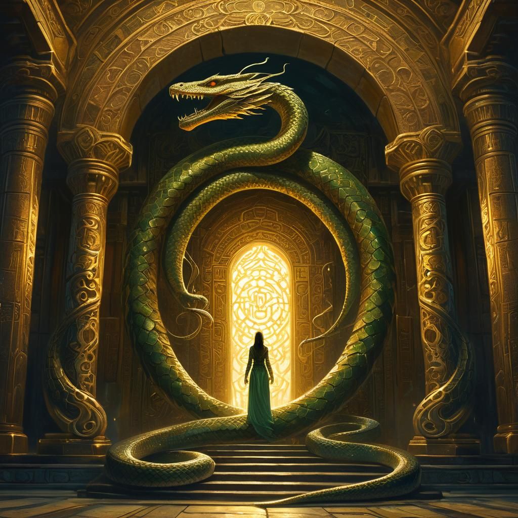 Mystical Serpent Woman in Dark Fantasy Temple