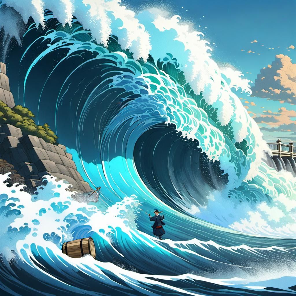 Houdini's Niagara Ride: Hokusai Wave Style Portrait
