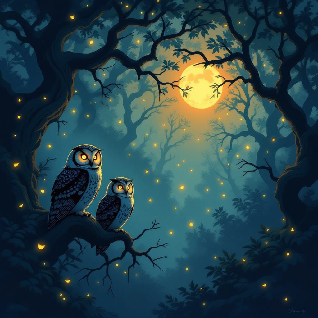 Mystical Twilight Forest Owls in Luminous Glow