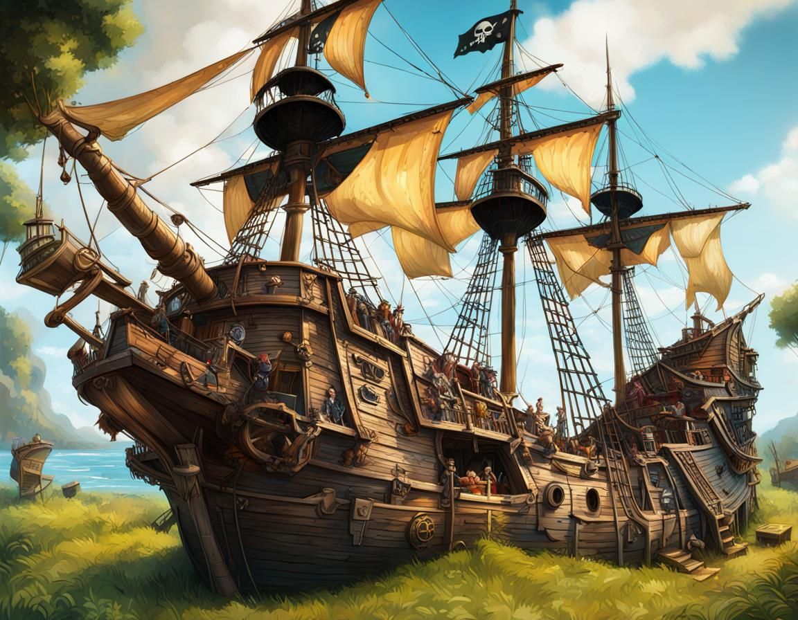 Pirate Tavern Ship on Grass: Detailed Concept Art
