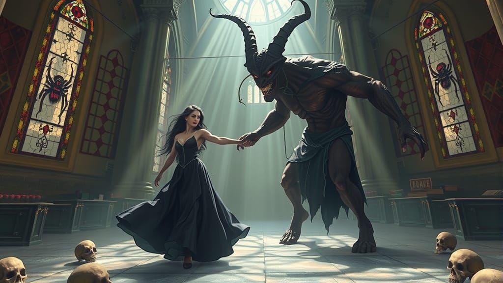 Gothic Cathedral Elf Dances with Demon in Dark Fantasy Style