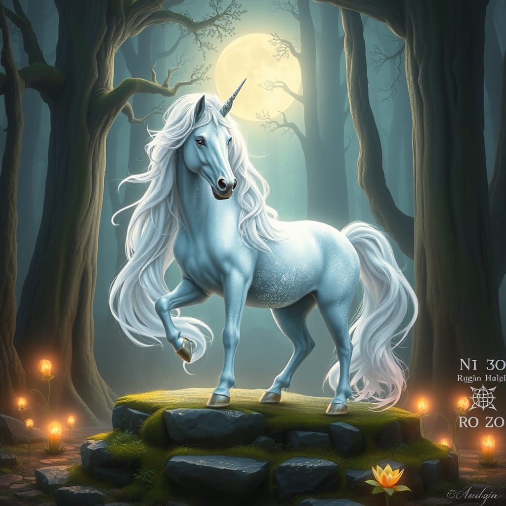 Unicorn on Stone Altar in Digital Painting Style