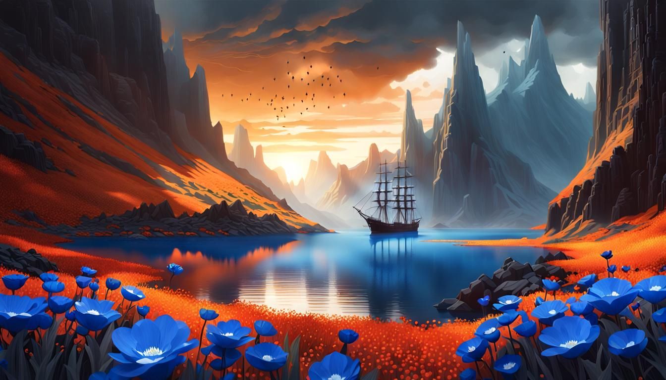 Otherworldly Landscape with Futuristic Ship, Digital Illustr...